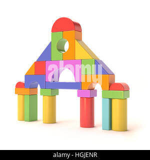 Plastic toy blocks, little castle front. 3D render illustration isolated on white background Stock Photo