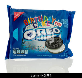 Winneconne, WI - 7 January 2017:  Package of Oreo birthday cake flavor cookies on an isolated background. Stock Photo