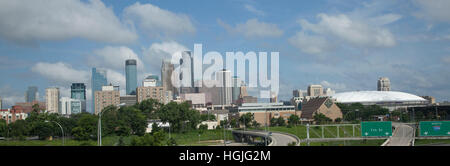 Panoramic 2013 skyline of Minneapolis with the old   Humphrey NFL Viking Metrodome still intact. Minneapolis Minnesota MN USA Stock Photo