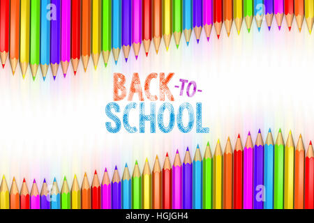 3d rendered illustration of Back to School graphic with ribbon of rainbow colored pencils over white background. Stock Photo