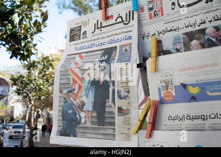 Beirut, Lebanon. 22nd January, 2017. Beirut Lebanon. 22nd January 2017. A Newspaper stand in Beirut displays Arabic newspapers featuring the Inauguration of President Donald Trump Credit: amer ghazzal/Alamy Live News Stock Photo