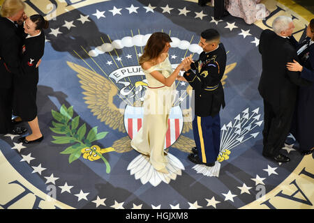 First Lady Melania Trump dances with a Marine at the A Salute to Our Armed Services Ball on January 20, 2017 in Washington, DC Trump will attend a series of balls to cap his Inauguration day. Photo by Kevin Dietsch/UPI - NO WIRE SERVICE - Photo: Kevin Dietsch/UPI/Consolidated/dpa Stock Photo