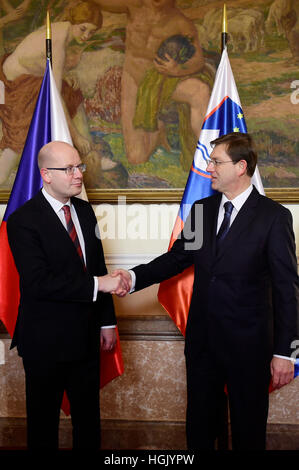 Slovenian Prime Minister Miro Cerar (right) shakes hands with Czech Prime Minister Bohuslav Sobotka during their meeting in Prague, Czech Republic, January 23, 2017. (CTK Photo/Roman Vondrous) Stock Photo