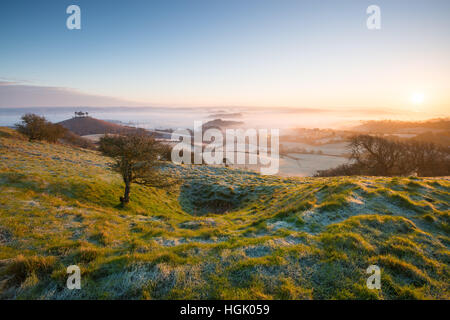 Misty sunrise at Colmers Hill, near Bridport, Dorset, UK. 23rd January 2017. A misty colourful winter sunrise at Colmers Hill looking towards Bridport. © Dan Tucker/Alamy Live News Stock Photo