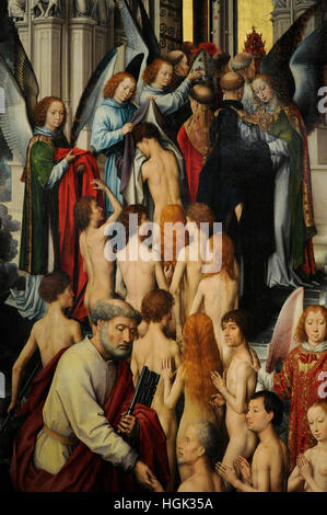 The Last Judgment, late 1460. Triptych by painter Hans Memling(1430-1494). Left panel: The saved are being guided into heaven by St Peter and angels. National Museum. Gdansk. Poland. Stock Photo