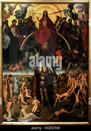 The Last Judgment, late 1460. Triptych by German painter Hans Memling(1430-1494). Central panel: Jesus judgment and St. Michael the Archangel. National Museum. Gdansk. Poland. Stock Photo