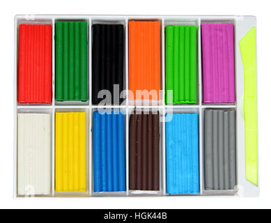 multicolored plasticine in box  isolated on white Stock Photo