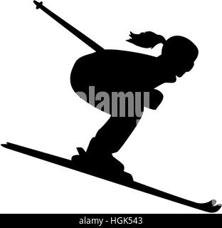 Female skier silhouette downhill Stock Photo