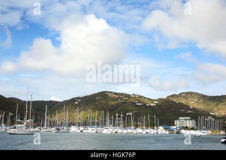 View towards the town, marina & landscape of Road town, Tortola, British Virgin Islands, Caribbean. Stock Photo