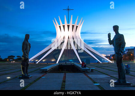The Cathedral of Brasilia at night by Oscar Niemeyer, Brasilia Stock Photo