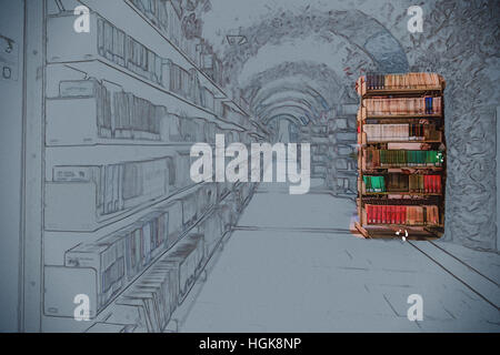 library setting with books and reading material. Stock Photo