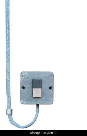 Outdoor electric equipment control industrial button power switch closeup, isolated old aged weathered grungy blue wire cable large vertical Stock Photo