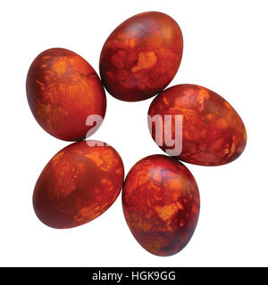 Five traditional red Easter eggs, onions peel colored, painted in onion skins, large detailed isolated rustic vintage macro closeup studio shot Stock Photo