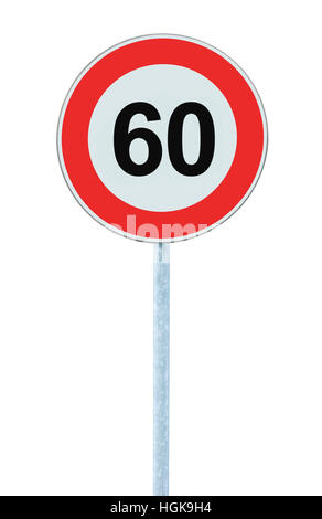 Speed Limit Zone Warning Road Sign, Isolated Prohibitive 60 Km Kilometre Kilometer Maximum Traffic Limitation Order, Red Circle, Large Detailed Stock Photo