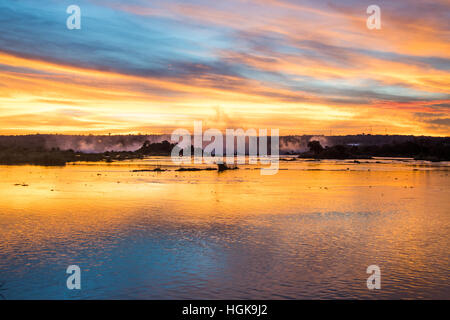 Sunset view above Victoria Falls from Royal Livingstone Hotel, Livinstone, Zambia Stock Photo