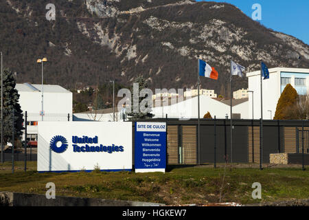 Logo and exterior / front / outside / exterior of the United Technologies site ( formerly CIAT company ) works in Culoz, France. Stock Photo