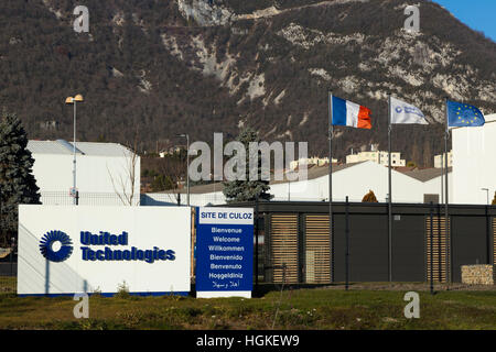 Logo and exterior / front / outside / exterior of the United Technologies site ( formerly CIAT company ) works in Culoz, France. Stock Photo