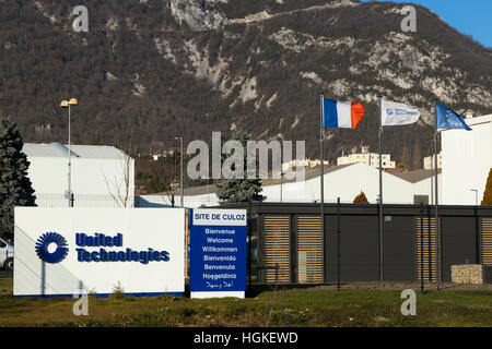 Logo and exterior / front / outside / exterior of the United Technologies site ( formerly CIAT company ) works in Culoz, France. Stock Photo