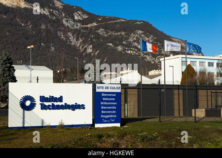 Logo and exterior / front / outside / exterior of the United Technologies site ( formerly CIAT company ) works in Culoz, France. Stock Photo