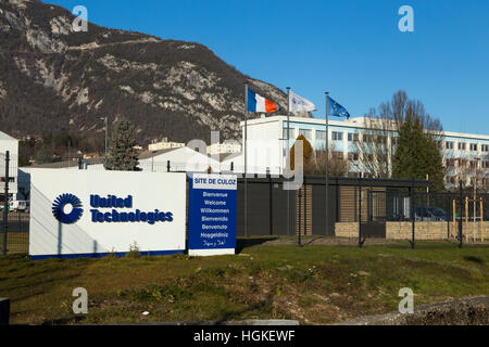 Logo and exterior / front / outside / exterior of the United Technologies site ( formerly CIAT company ) works in Culoz, France. Stock Photo