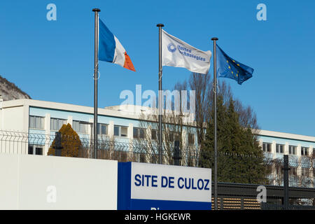 Logo and exterior / front / outside / exterior of the United Technologies site ( formerly CIAT company ) works in Culoz, France. Stock Photo