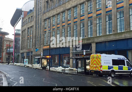 Bits of the roof of Debenhams in Eldon Square shopping centre, Newcastle, which have blown down onto Newgate Street, as high winds have brought travel chaos and power cuts as they buffet some parts of the country. Stock Photo