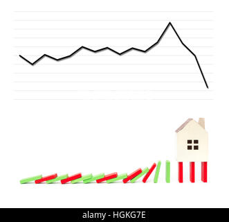 house standing on falling dominos with a falling chart on background as a financial concept Stock Photo
