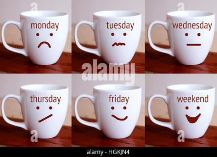 six cups with the words of days of the week and drawn faces Stock Photo