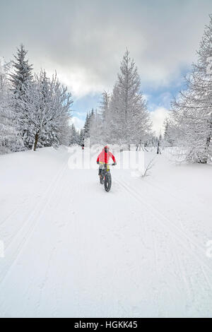 Jakuszyce, Poland - January 06, 2017: Mountain biker riding downhill on snow in winter. Stock Photo