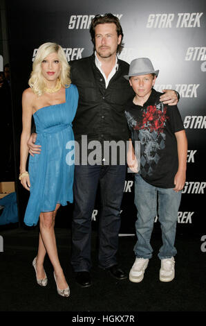 Tori Spelling, Dean McDermott and son Liam, arrives at the premiere for the film, 'Star Trek' on April 30, 2009 in Hollywood, California. Photo by Francis Specker Stock Photo
