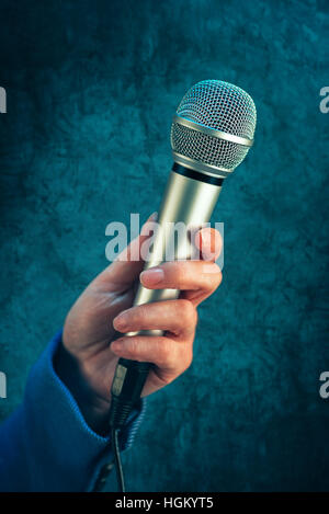 Elegant female journalist conducting business interview, hand with microphone Stock Photo