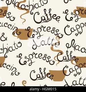 Coffee seamless pattern. Lettering. Latte Macchiato, Espresso, Cappuccino. Cup of Coffee. Stock Vector