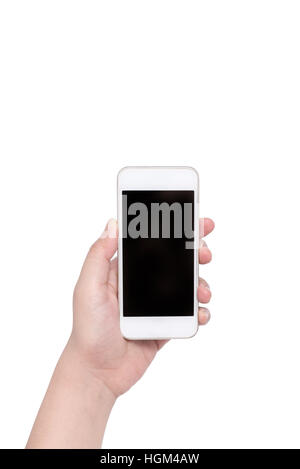 female hand holding a phone isolate on white background Stock Photo