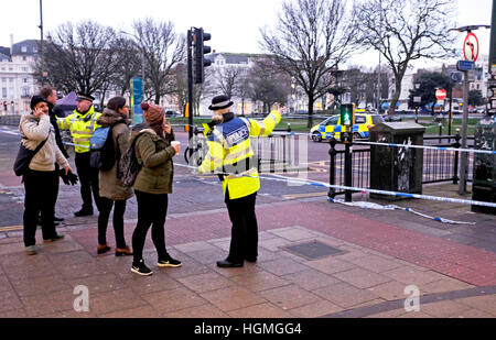 Brighton, UK. 11th Jan, 2017. Police at the scene of a hit and run incident at the junction of the Old Steine and St James's Street in Brighton where a pedestrian was killed . Credit: Simon Dack/Alamy Live News Stock Photo