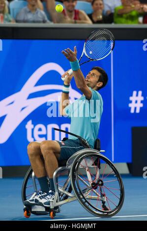 Melbourne, Australia. 11th Jan, 2017. Novak Djokovic of Serbia plays a charity match to raise funds for the Novak Djokovic Foundation ahead of Australian Open 2017 at Melbourne Park in Melbourne, Australia, Jan. 11, 2017. The Australian Open 2017 will take place in Melbourne from January 16 to 29. © Bai Xue/Xinhua/Alamy Live News Stock Photo