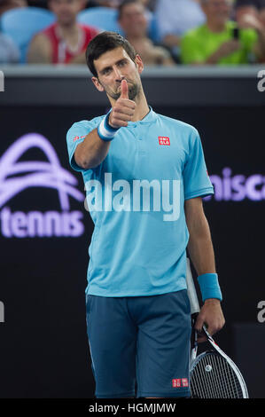 Melbourne, Australia. 11th Jan, 2017. Novak Djokovic of Serbia plays a charity match to raise funds for the Novak Djokovic Foundation ahead of Australian Open 2017 at Melbourne Park in Melbourne, Australia, Jan. 11, 2017. The Australian Open 2017 will take place in Melbourne from January 16 to 29. © Bai Xue/Xinhua/Alamy Live News Stock Photo