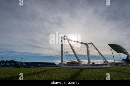 Marbella, Spain. 11th Jan, 2017. A small goal can be seen against the cloudy sky and the setting sun at the Borussia Dortmund training camp in Marbella, Spain, 11 January 2017. Photo: Guido Kirchner/dpa/Ģ����ý Live News Stock Photo