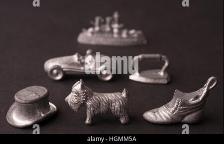 London, UK. 11th January 2017. Monopoly owners Hasbro Gaming open a public vote on January 31 to choose new Monopoly tokens, the result to be announced by Hasbro on March 19, World Monopoly Day. Photo: tokens from a game manufactured in 1961. © Malcolm Park editorial/Alamy Live News. Stock Photo