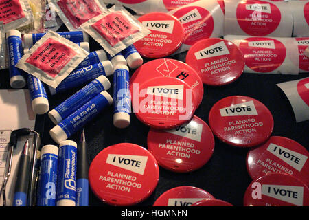 New York, USA. 30th Dec, 2016. Stickers and condoms are offered at a charity event benefitting the organisation Planned Parenthood in New York, USA, 30 December 2016. Photo: Stephanie Ott/dpa/Alamy Live News Stock Photo