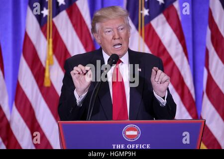 New York, USA. 11th Jan, 2017. U.S. President-elect Donald Trump speaks during a news conference in New York, the United States.. U.S. President-elect Donald Trump met the press Wednesday for the first news conference since the election. © Gary Hershorn/Xinhua/Alamy Live News Stock Photo