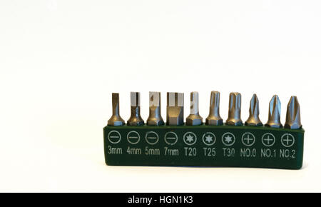 Kit of 10 screw bits isolated Stock Photo