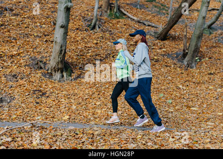 side photo of two attractive sports women jogging in autumn park. Blonde and african girls. Yellow leaves. Female smiling Stock Photo