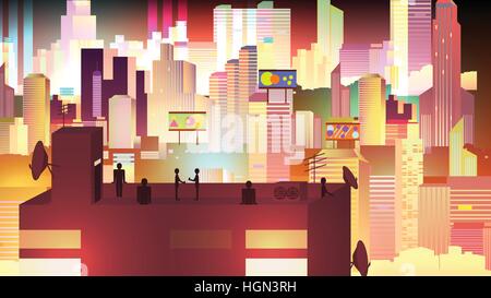 Modern Urban Neon Cityscape scene with Building Silhouettes, Towers and Rooftop Party - Vector Illustration Stock Vector