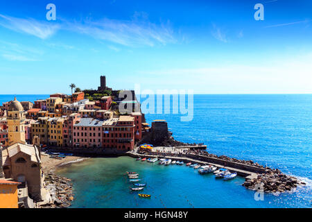 Vernazza famous fisherman village on steep Cinque Terre coast of the mediterrean sea.