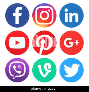 Kiev, Ukraine - May 26, 2016: Collection of popular round social media logos printed on paper:Facebook, Twitter, Google Plus, Instagram, LinkedIn, Pin Stock Photo