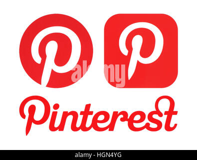 Kiev, Ukraine - May 30, 2016: Pinterest logos printed on white paper. Pinterest is photo sharing website. Stock Photo