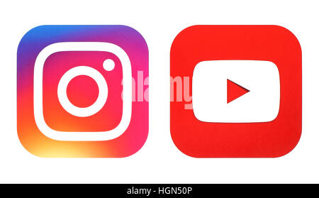 Kiev, Ukraine- July 25, 2016: Instagram new logo and Youtube icon printed on white paper Stock Photo