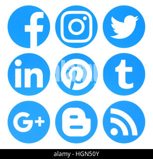 Kiev, Ukraine - August 22, 2016: Collection of popular circle blue social media logos printed on paper:Facebook, Twitter, Google Plus, Instagram, Pint Stock Photo