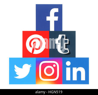 Kiev, Ukraine - September 06, 2016: Pyramid of square popular social media logos printed on paper: Facebook, Twitter, Instagram, Pinterest, Linkedin a Stock Photo