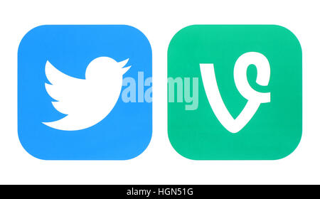 Kiev, Ukraine - September 12, 2016: Twitter icon and Vine icon printed on white paper. Twitter acquired vine in October 2012 Stock Photo